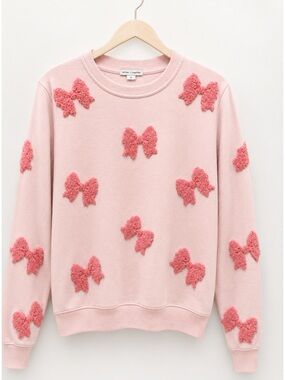Pink Crewneck Sweater with Textured Bow Appliqués